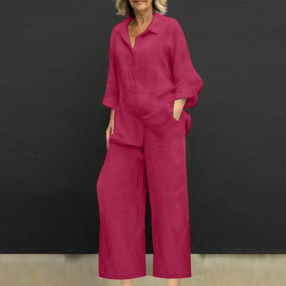 Ohufall 2 Piece Outfits For Women, Summer Fall Women's Spring And Summer V-neck Loose Lapel Long Sleeved Shirt Wide Leg Pants Solid Color Set