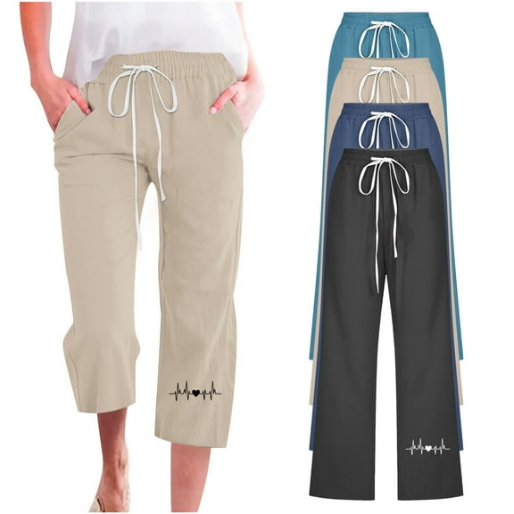 Ohufall Capris Pants For Women, Capris For Women, Casual Summer Cotton Linen 3/4 Pants Wide Leg Capris Lightweight Baggy Cropped Lounge Trousers
