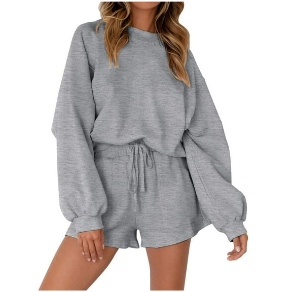 Ohufall Cute 2 Piece Outfits for Women Sweatshirt Tracksuit Pullover Long Sleeve Tops Shorts Sweatsuits for Women Set 2 Piece
