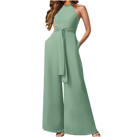 Ohufall Jumpsuits for Women, Solid Jumpsuit Pajamas Casual Halter Comfortable Long Pants Overalls Women, Rompers for Women, Onesie for Women