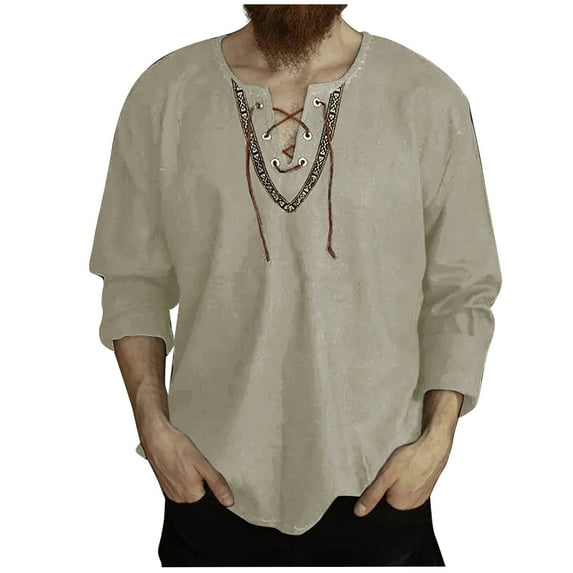 Ohufall Mens Shirts,Long Sleeve Shirts for Men,Casual Fashion Patchwork Drawstring Long Sleeve V-Neck Blouse Tops Shirt