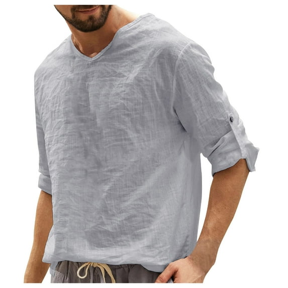 Holiday Deals! Borniu Mens Shirts,Long Sleeve Shirts for Men,Casual Solid Color V-Neck Collar Long Sleeve Pullover Blouse Tops Clearance