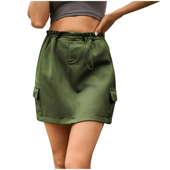 Ohufall Mini Skirt Summer New Women's Solid Drawstring Pocket Fashion Casual Half Length Denim Skirt Summer Skirts