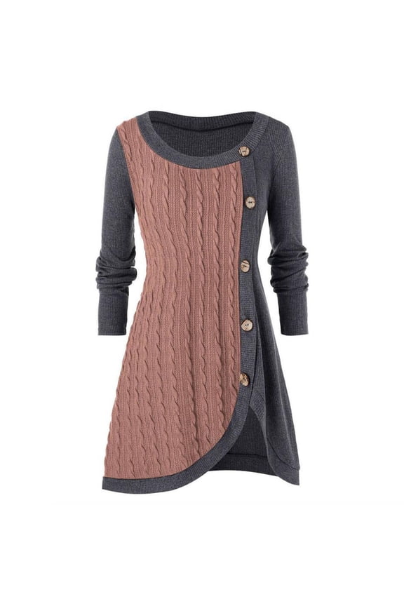 Sweaters for Women Plus Size Women Long Sleeve Solid Botton Pachwork Asymmetric Tops Sweater