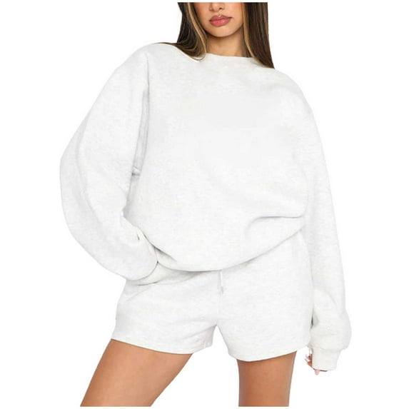 Ohufall Sweatsuits for Women Set 2 Piece, Casual Loose Long Sleeve Sweater Pullover Tops Shorts Sweatshirt, 2 Piece Outfits for Women