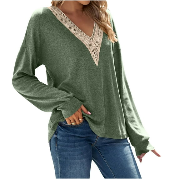 Ohufall Womens Tops, Women's Fashion Casual Spring Summer Long Sleeve V-Neck Blouses & Shirts Womens Fashion