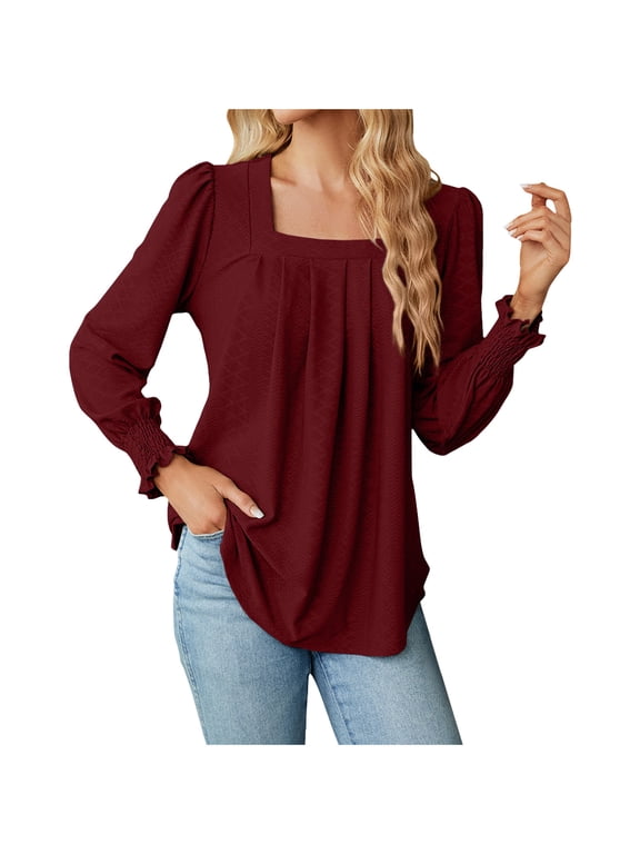 Womens Tops, Women's Fashion Deep Square - Neck Solid Button Long Sleeve Blouse Shirt Top Fall Clothes