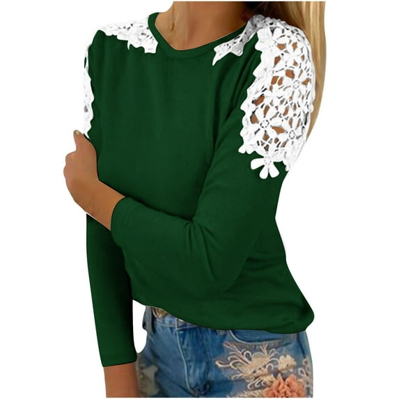 Ohufall Womens Tops, Women's Summer Casual Long Sleeve Blouse Round Neck Solid Lace Tops T-Shirt Fall Clothes