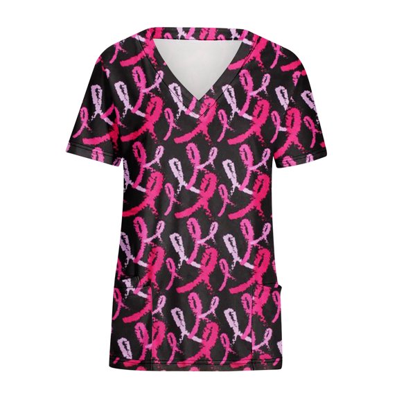 Holiday Deals Clearance! Qiaocaity Womens Scrubs Tops Working Blouse Tops Short Sleeve V-neck Tops Working Uniform Bow Ribbon Print with Pocket Blouse Black-A M