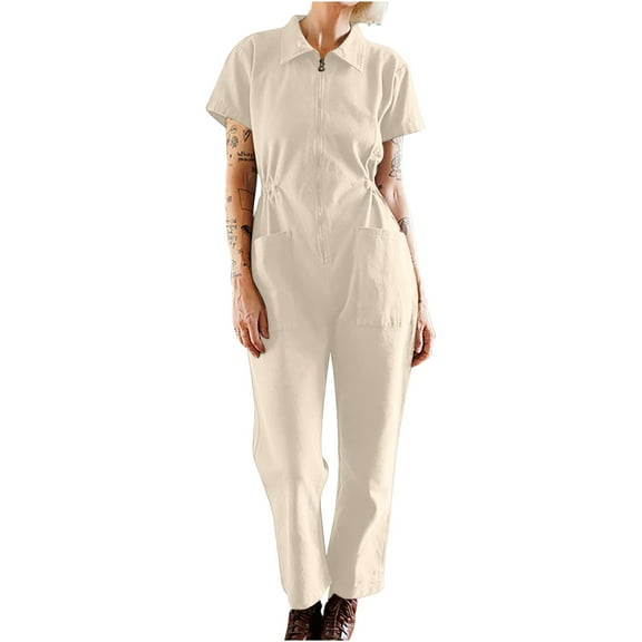 Umfun Pants for Women, Jumpsuits for Women, Casual Solid Pleated Waist Zip-Up Lapel Jumpsuit Pants Khaki XL