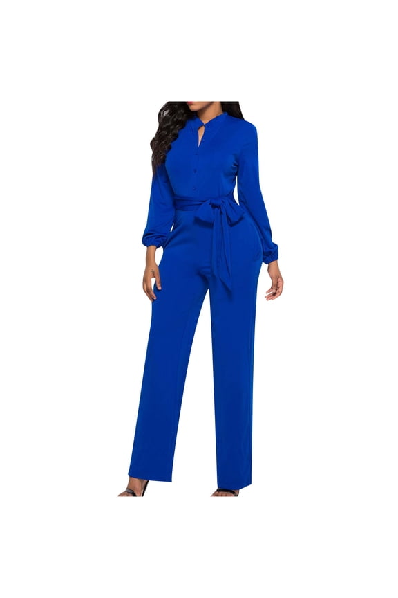 Pants for Women, Jumpsuits for Women, Fall Fashion V-Neck Pocket Button Long Sleeve Tie Jumpsuit Blue L