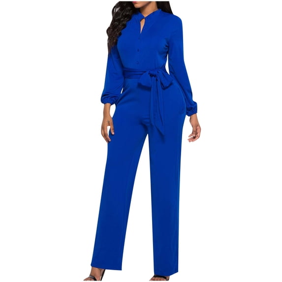 Umfun Pants for Women, Jumpsuits for Women, Fall Fashion V-Neck Pocket Button Long Sleeve Tie Jumpsuit Blue M