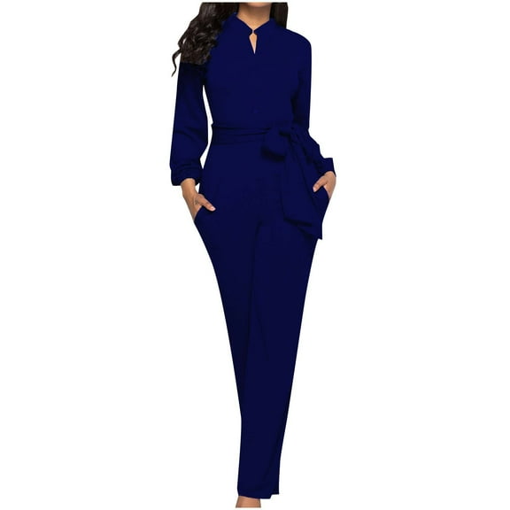 Umfun Pants for Women, Jumpsuits for Women, Fall Fashion V-Neck Pocket Button Long Sleeve Tie Jumpsuit Dark Blue XL