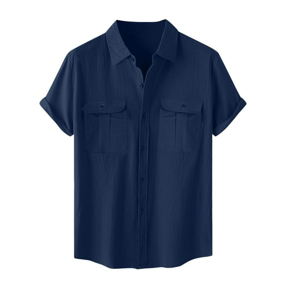 Holiday Stylish Olyvenn Men's Fashion Vacation Solid Color Cotton Linen Double Pocket Casual Shirts s Short Sleeve Turndown Collar Blouse Shirt for Adult Men Navy 6