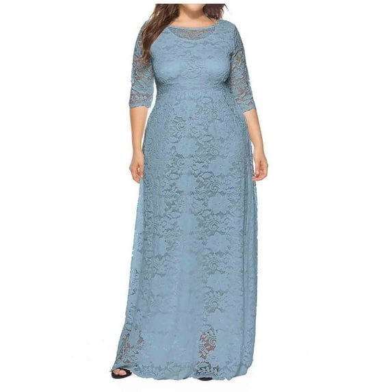 Holiday Stylish Olyvenn Women Fashion Short Sleeve Crew-Neck Ankle Dress Plus Size Evening Ball Gown Women's Fashion Hollow Out Lace Pocket Long Dress Evening Dress Party Dress Light Blue 18