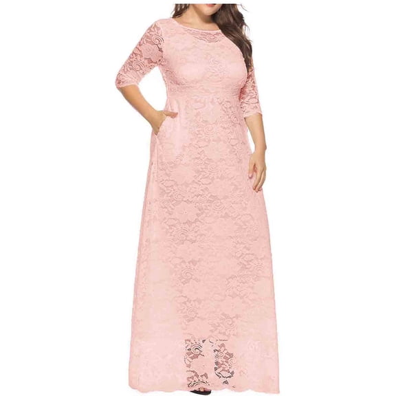 Holiday Stylish Olyvenn Women Fashion Short Sleeve Crew-Neck Ankle Dress Plus Size Evening Ball Gown Women's Fashion Hollow Out Lace Pocket Long Dress Evening Dress Party Dress Pink 22