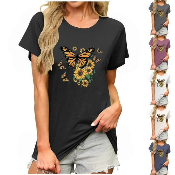 PXLKNZH Flower Print Short Sleeve Tops for Women Crew Neck Casual Summer Shirts Loose Fit Going Out Graphic Tees,Dark Blue,XL