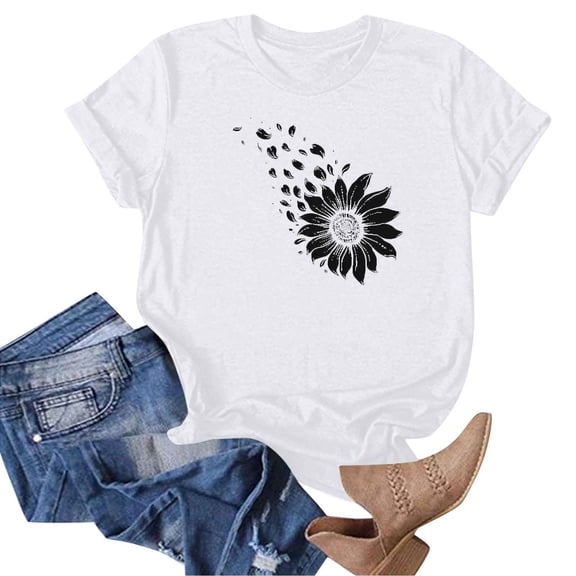 PXLKNZH Flower Print Short Sleeve Tops for Women Round Neck Casual Summer Shirts Loose Fit Going Out Graphic Tees,White,XL