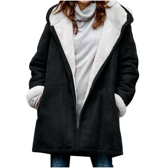 Holiday Deals Saving! Pejock Jackets for Women Winter Warm Sherpa Lined Coats Plus Size Hooded Parka Faux Suede Long Pea Coat Outerwear Classic-Fit Soft Fuzzy Jackets Overcoat