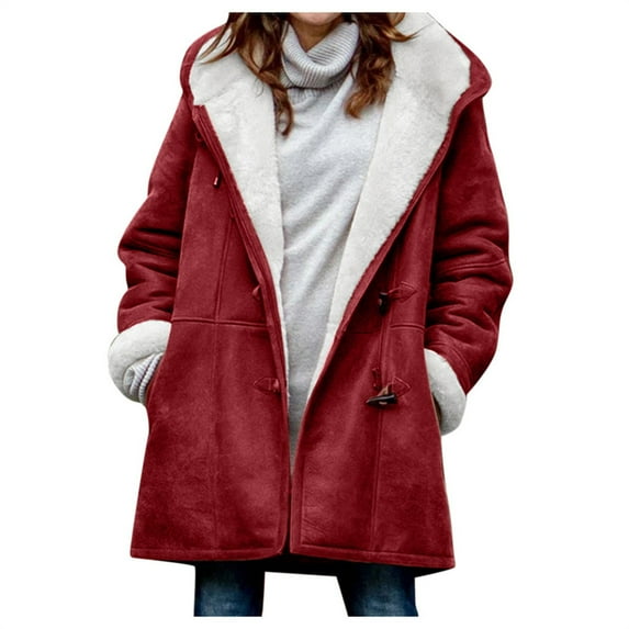 Holiday Deals Saving! Pejock Jackets for Women Winter Warm Sherpa Lined Coats Plus Size Hooded Parka Faux Suede Long Pea Coat Outerwear Classic-Fit Soft Fuzzy Jackets Overcoat Wine XXL