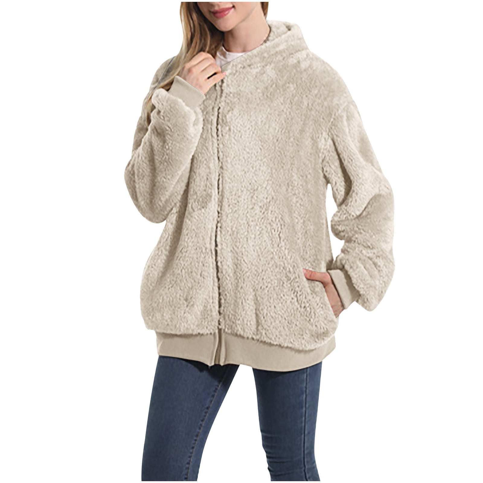Women's Oversized Faux Shearling Shacket Jacket - Winter Long Sleeve Zip Up Coat