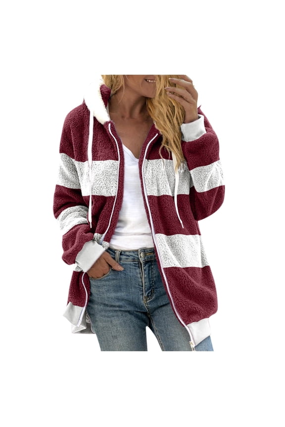 Women's Fleece Jackets Fashion Women's Zipper V-Neck Pullover Coats Long Sleeve Hooded Blouse Sweatshirt Oversized Women's Casual Outerwear Jackets Wine L