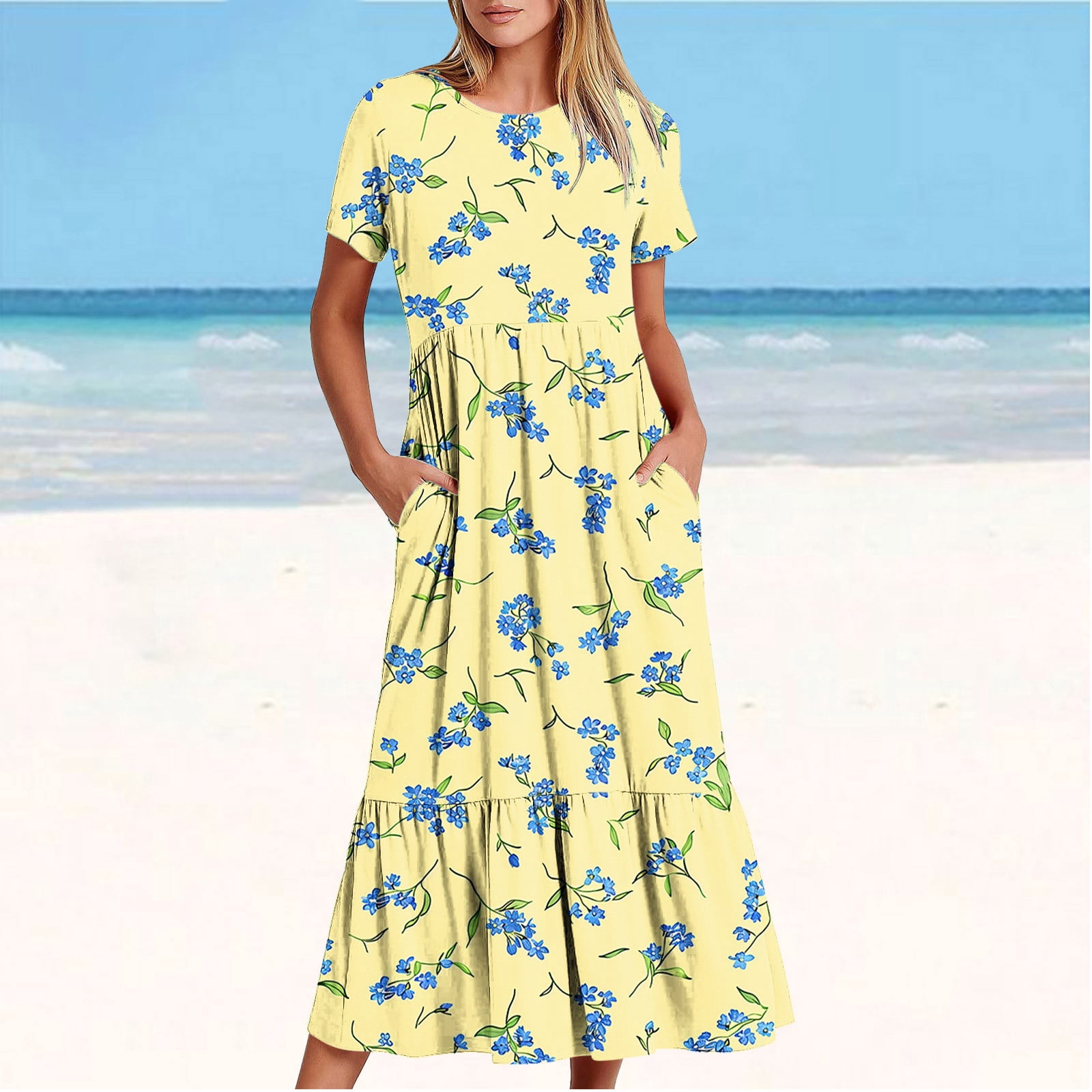 Plus size summer maxi dress beach vacation resort dress with pocket main image 0