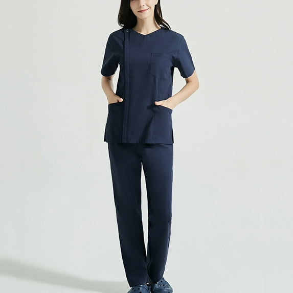 Holiday Scrubs Set for Women Womens 2 Piece Nursing Uniform Sets V Neck Short Sleeve Pocket Nurse's Tunic Top and Long Pant Lounge Set Casual Solid Scrubs Set up to 60% off