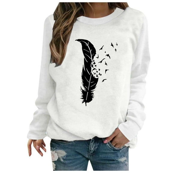 Holiday Usmixi Womens Sweatshirt Winter Crew Neck Sweatshirts for Women Fashion Color Block Feather Graphics Pullover Tunic Blouses Raglan Long Sleeve Loose Ladies Sweatshirt Tops Big Saving