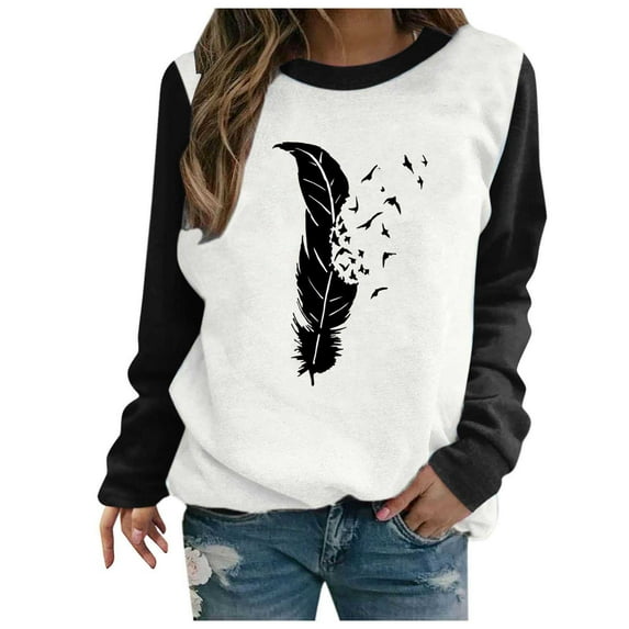 Holiday Usmixi Womens Sweatshirt Winter Crew Neck Sweatshirts for Women Fashion Color Block Feather Graphics Pullover Tunic Blouses Raglan Long Sleeve Loose Ladies Sweatshirt Tops Big Saving