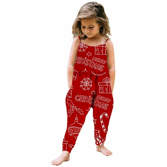 Holiday Deals! ZCFZJW Toddler Baby Girl Jumpsuit One Piece Christmas Printed Sleeveless Playsuit Strap Romper Harem Pant with Pockets Holiday Outfit Clothes(Christmas#01-Multicolor,4-5 Years)