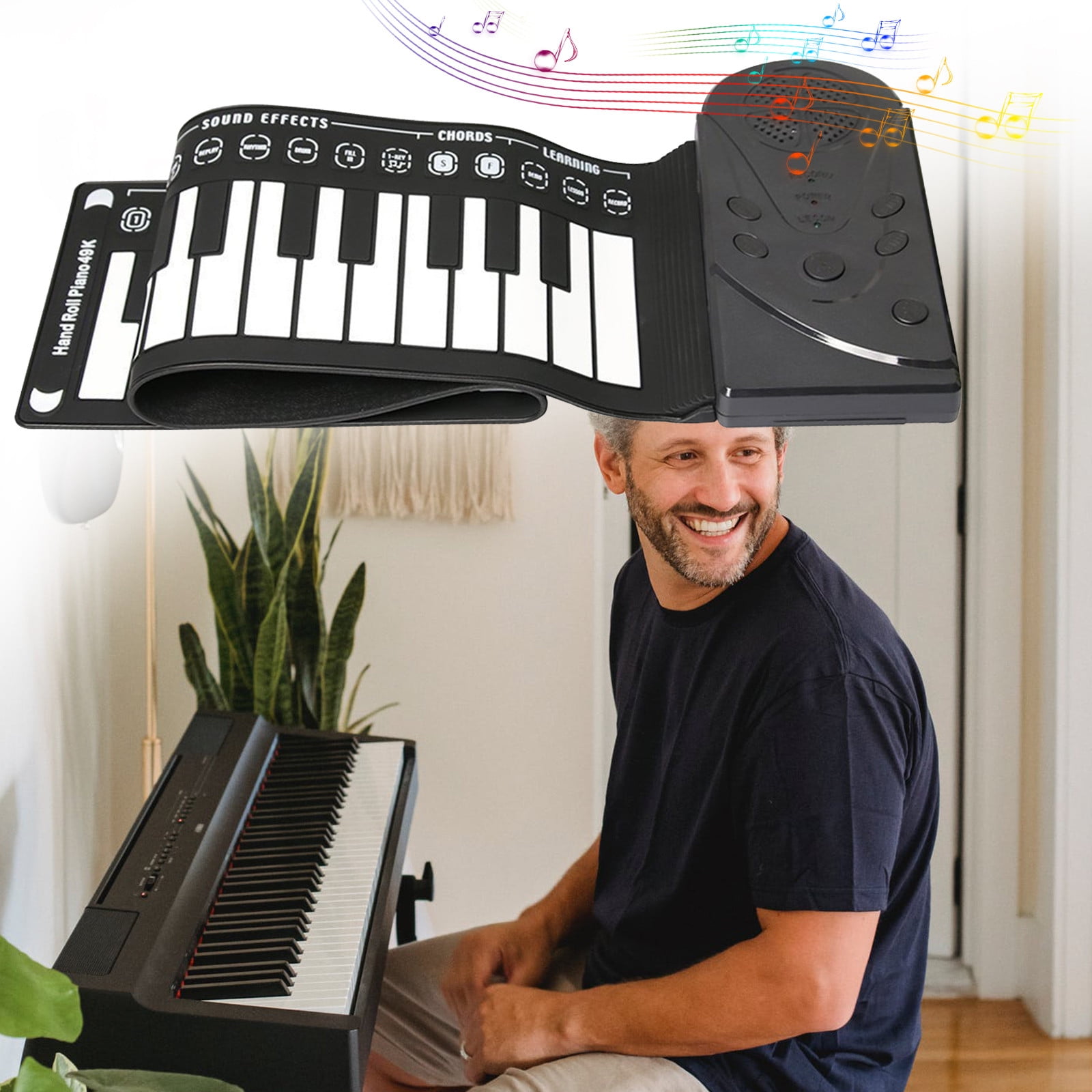 karymi Hand-Rolled Piano with Horn - Portable 49 Keys Organ Piano with Foldable Keyboard Instruments Educational People of All Ages Toys for Ages 5-7