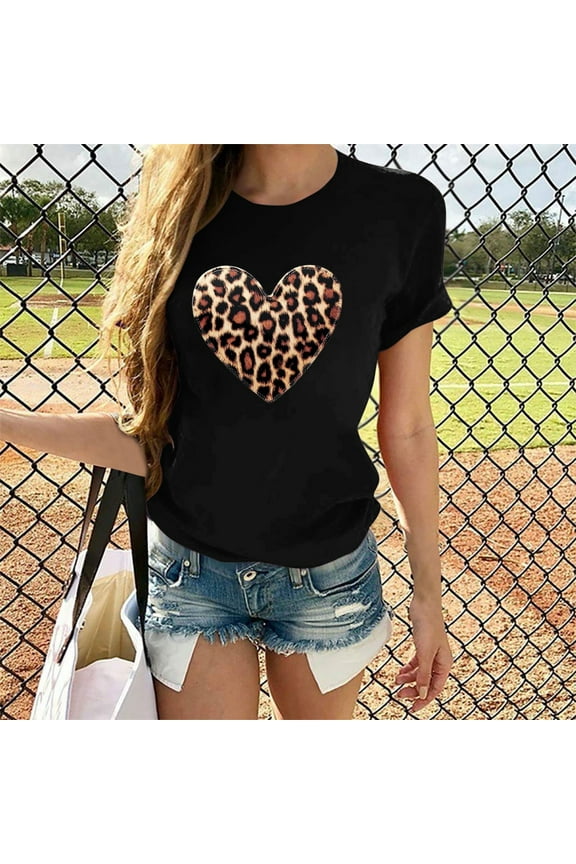 Basic Casual Tunic Tops for Women Womens Clothes Leopard Print Blouse Tops Crewneck Short Sleeve Tee Tops for Ladies Active Shopping
