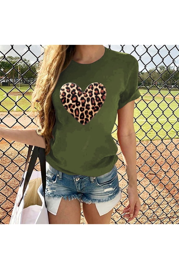 Basic Casual Tunic Tops for Women Womens Clothes Leopard Print Blouse Tops Crewneck Short Sleeve Tee Tops for Ladies Active Shopping