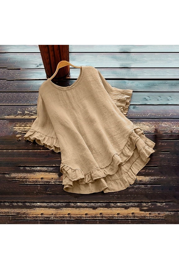 Loose Fit Pleated Flowy Hem Casual Tee with Buttons Womens Tops Solid Tunic Tops Ruffle Sleeve Crewneck T Shirts for Women Get It Today Go Shopping