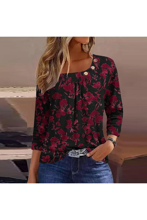 Loose Pleated Ornamental Button Tunic Tops Womens Summer Tops Floral Graphic Tops Square Neck 3/4 Sleeve T Shirts for Women Simple Date