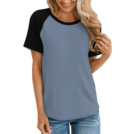 kttectoa Raglan Loose Fit Tunic T-Shirt Women's Tops Color Block Graphic Tee Tops Short Sleeve Crewneck Tee Tops for Women Get It Today Street Wear