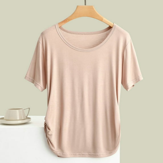 kttectoa Stretch Slim Fit Pleated Curved Hem T Shirt Going Out Tops Solid Blouse Short Sleeve Round Neck Tops for Women On-trend Low Spend Dating
