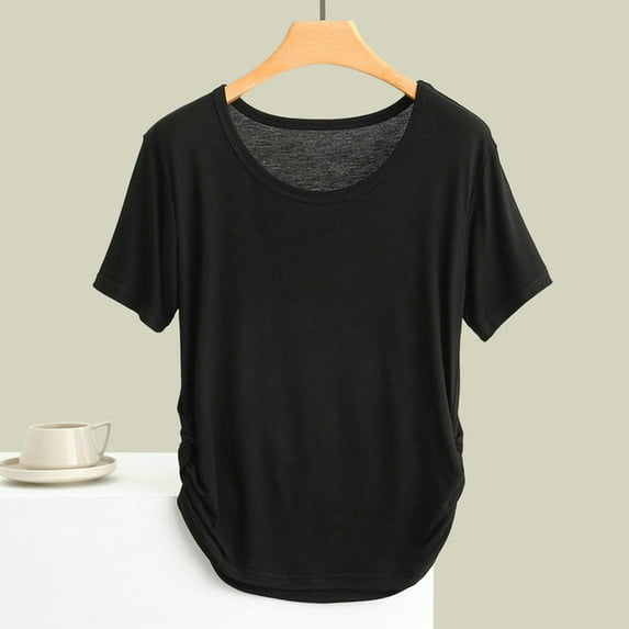 kttectoa Stretch Slim Fit Pleated Curved Hem T Shirt Going Out Tops Solid Blouse Short Sleeve Round Neck Tops for Women On-trend Low Spend Dating