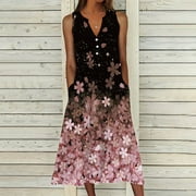 Holiday Deals! pstuiky Dresses for Women, Tank Dress Flower Print Sleeveless V-Neck Sundresses with Pockets Calf Length Dresses Button Women's Cocktail Dresses Prom Homecoming Purple XXXXL