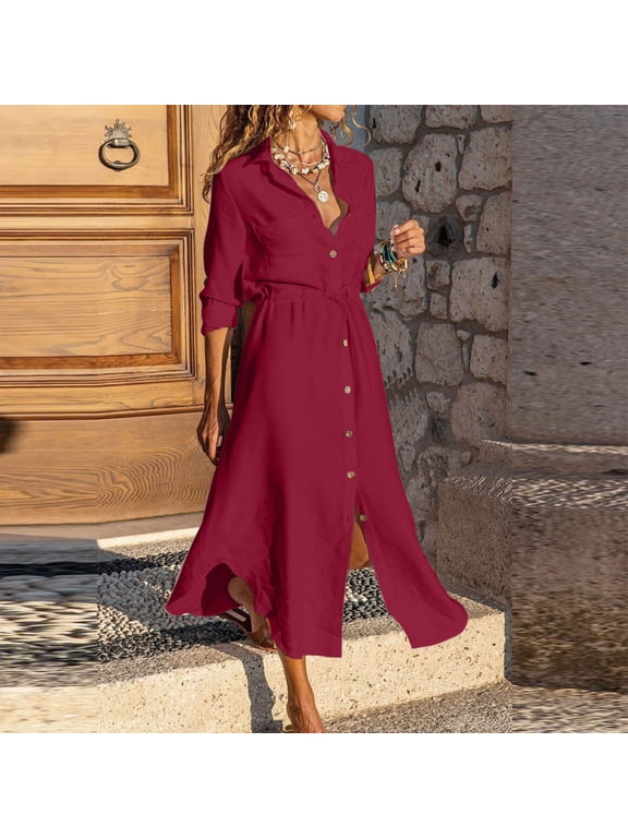 Womens Summer Dresses, Cotton and Linen Shirt Dress Solid Color Half Sleeve Collared Sundresses High Waist Calf Length Dresses Drawstring Homecoming Dresses Prom Homecoming