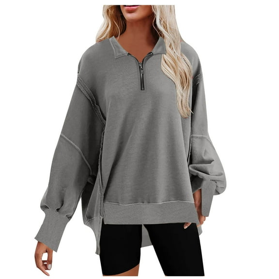 Holiday wycnly Womens Sweatshirt Winter Womens Quarter Zip Pullover Sweatshirt Loose Casual Solid Long Sleeve Fall Ladies Tops Fashion Lapel Irregular Hem Oversized Sweatshirt Big Saving