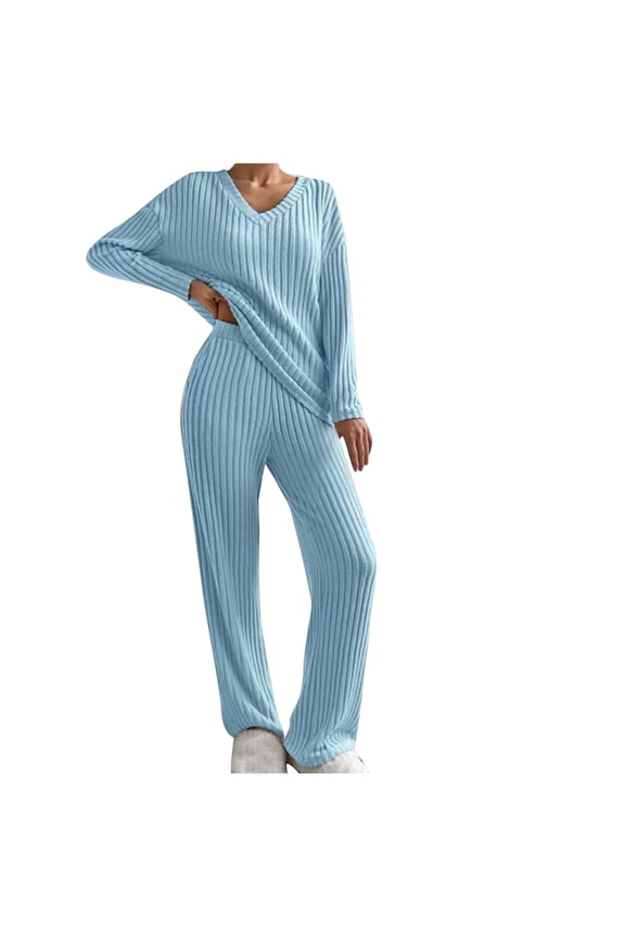 Lounge Sets for Women Long Sleeved Knitted Two Piece Pullover Sweater and Pants Pajamas Loungewear