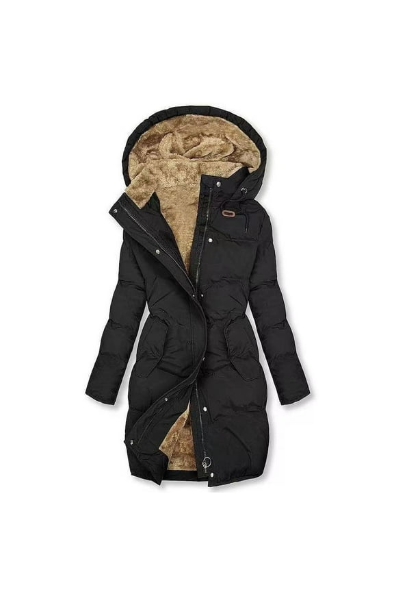 Women Warm Down Jacket with Hood Long Puffer Coat Solid Color Hooded Plush Cotton Outerwear with Pockets