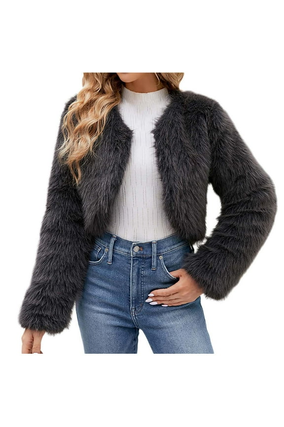 Women's Fashion Cropped Faux Fuzzy Jacket Long Sleeve Open Front Cardigan Casual Parka Shaggy Short Coat