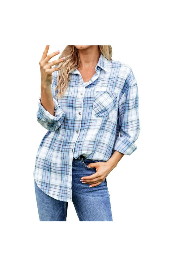 Women's Long Sleeve Plaid Jacket Boyfriend Button Down Shirts Casual Thin Blouse