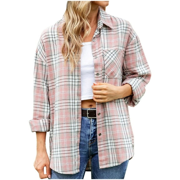 yievot Women's Long Sleeve Plaid Jacket Boyfriend Button Down Shirts Casual Thin Blouse