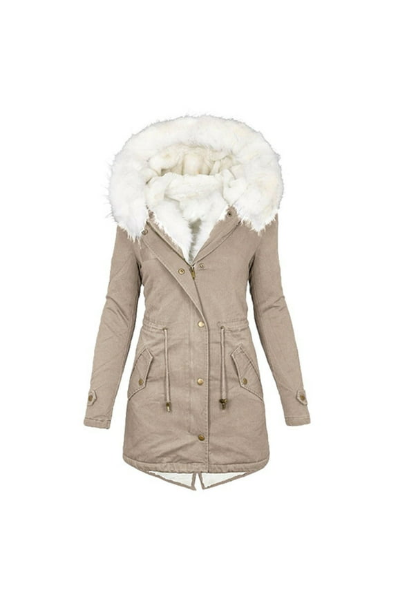Women's Winter Mid Length Thick Warm Faux Wool Lined Jacket Coat with Hood