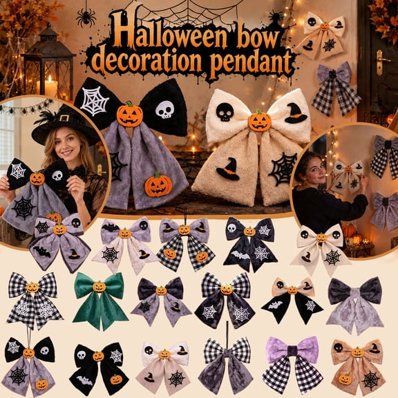 Holiday Decor, Halloween Plush, Web Decor, Halloween Bow, Witch Decor, 14X12 Inch Two-Tone Black Beige Stuffed Fabric Halloween Bow with Jack-O-Lantern Centerpiece for Themed