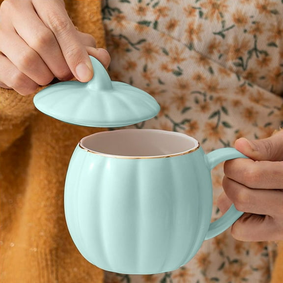 Holiday Decoration Pumpkin Cup Creative Pumpkin Cup Ceramic Pumpkin Cup With Lid Halloween Decoration Pumpkin Cup Autumn Decoration Indoor Coffee Cup Ceramic Cup/ Cute Pumpkin Cup With Lid Blue A